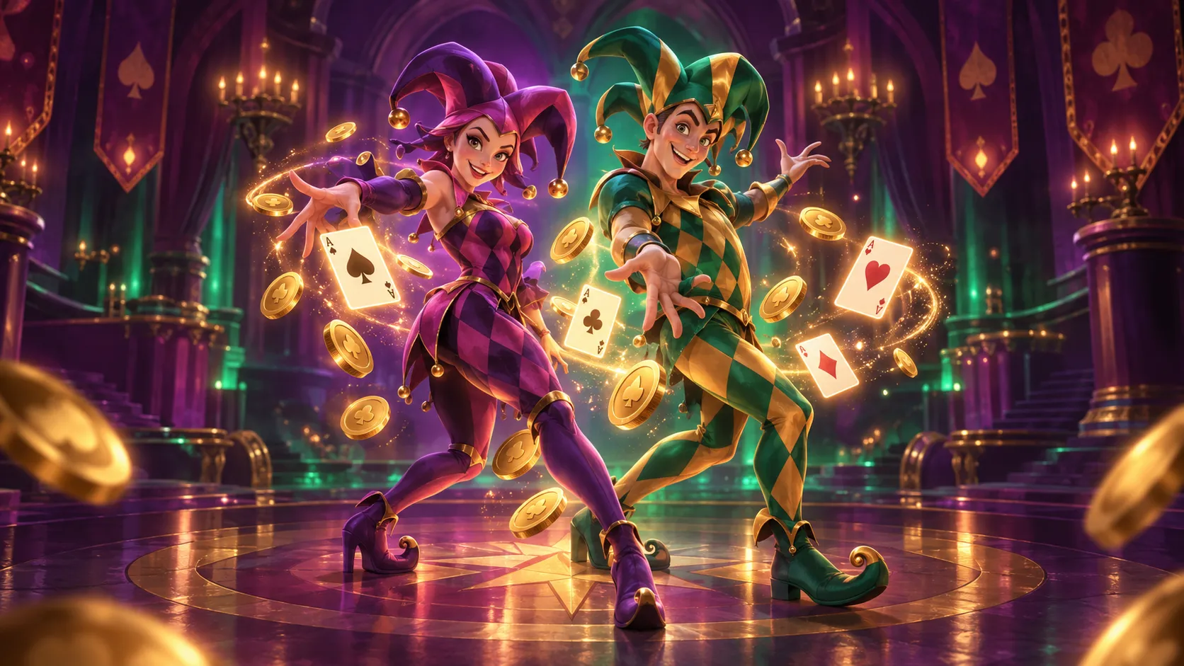 LolaJack Casino jester holding glowing playing cards